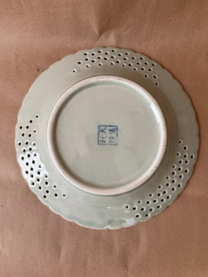Blue &amp; White Reticulated Plate, Birds and Blossoms