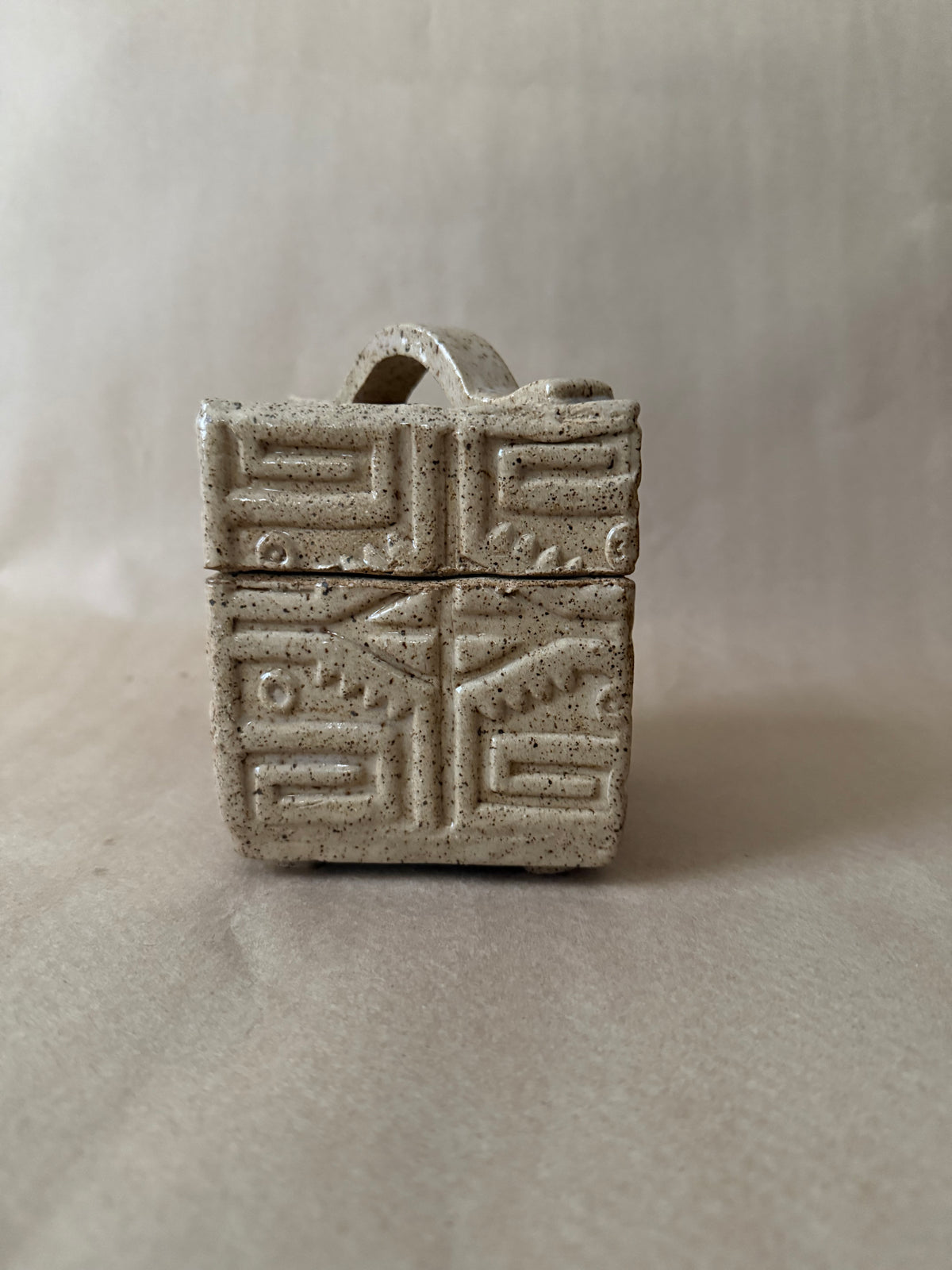 Carved Stoneware Lidded Box, Speckled