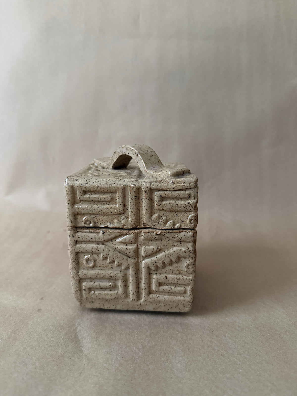 Carved Stoneware Lidded Box, Speckled