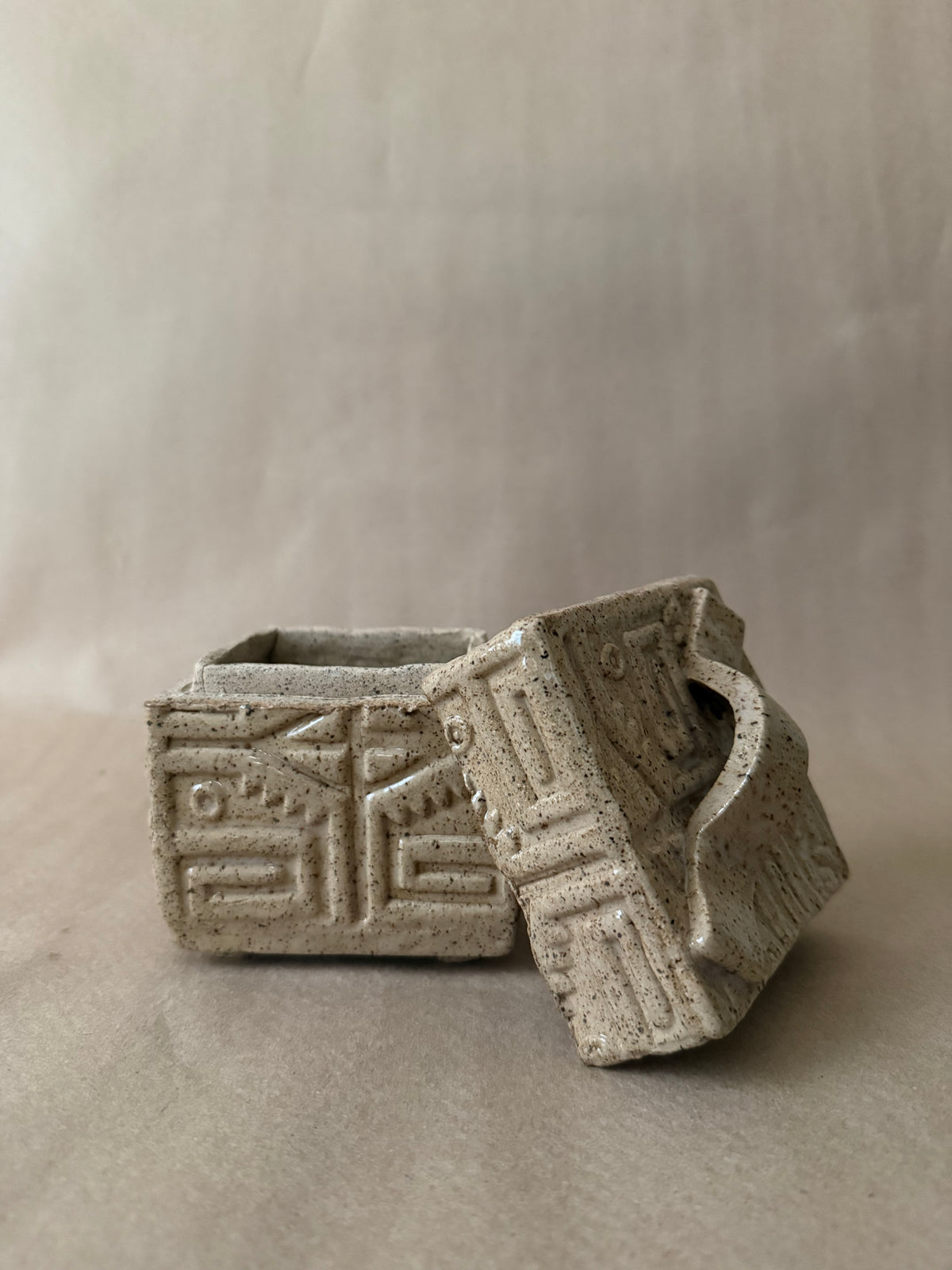 Carved Stoneware Lidded Box, Speckled