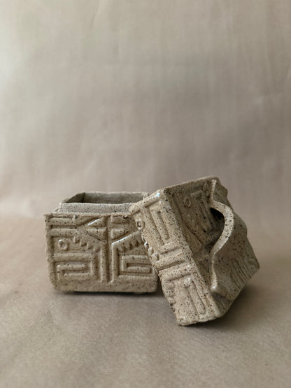 Carved Stoneware Lidded Box, Speckled