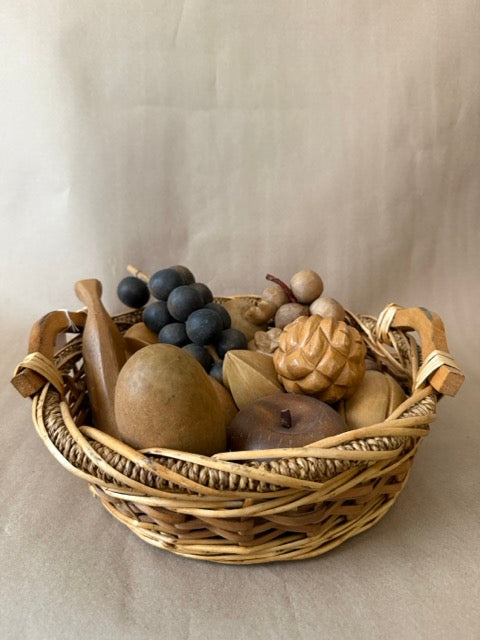 Woven Basket with Carved Wood Fruit