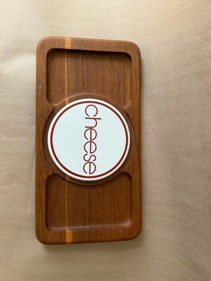 Teak cheese board with removable ceramic tile lettered cheese