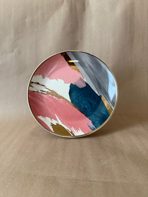 Small porcelain plate with pink, navy and gold abstract brushstrokes