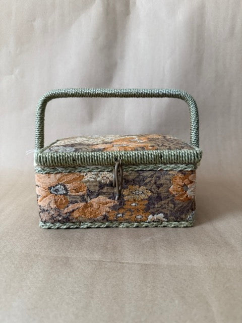 Floral tapestry sewing basket with sage cord handle