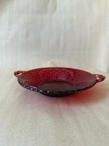 Ruby glass handled bonbon dish