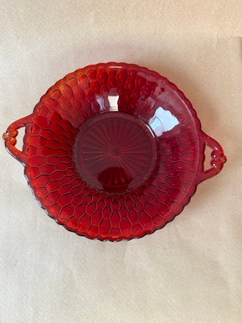 Ruby glass dish, honeycomb pattern from above