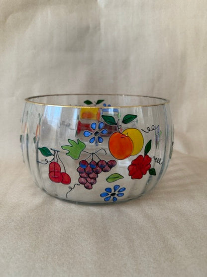 Hand-painted fruit glass bowl with gilt rim