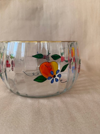 Fruit bowl, painted peach and blossom