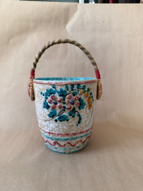 Italian hand-painted ceramic basket with wrapped handle