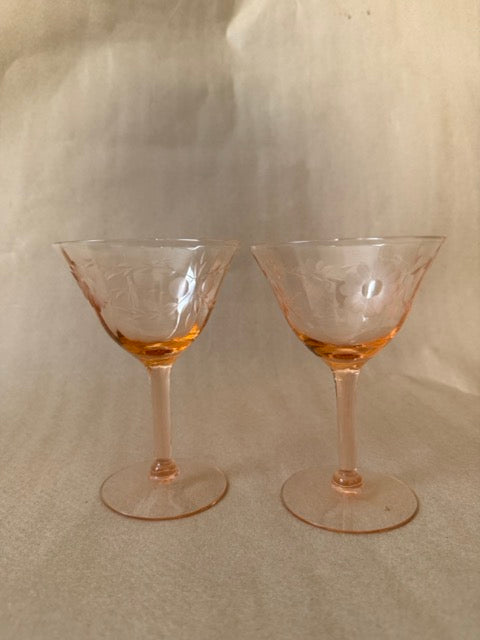 Pair of pink depression glass etched cocktail stems