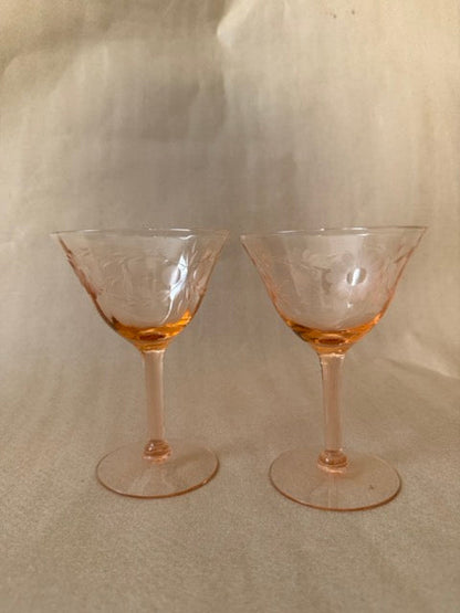 Pair of pink depression glass etched cocktail stems