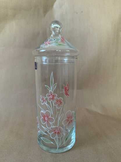 Hand-painted floral glass apothecary jar