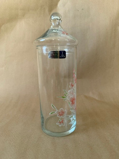 Apothecary jar, painted blossoms and butterfly
