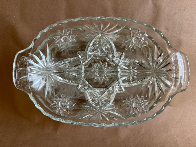 Star-pattern pressed glass relish dish