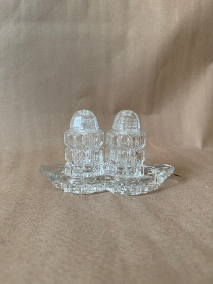 Pressed glass salt and pepper shakers with tray