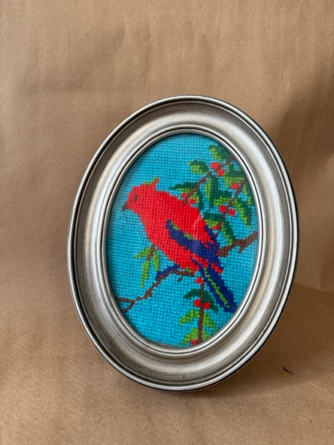 Framed Needlepoint of a Scarlet Tanager