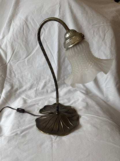 Brass lily pad table lamp with frosted ruffled glass shade