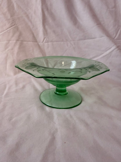 Etched green depression glass compote