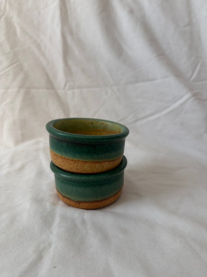 Pair of teal studio pottery ramekins, stacked