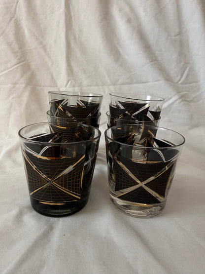 Set of six black and gold geometric lowball glasses