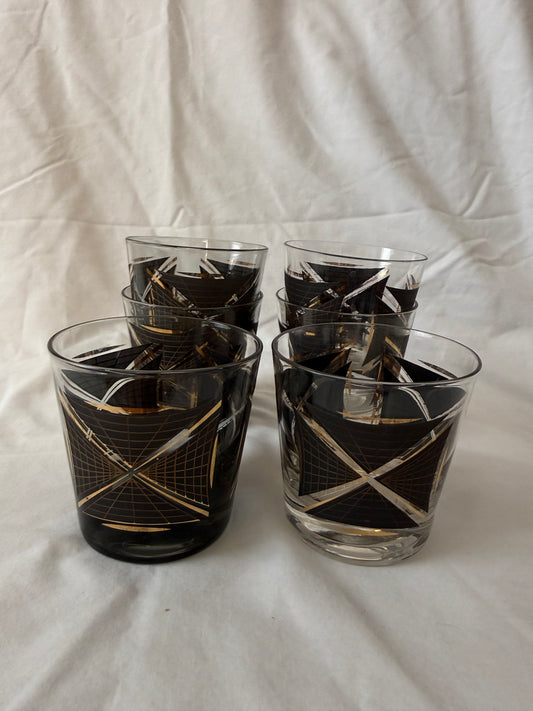 Set of six black and gold geometric lowball glasses