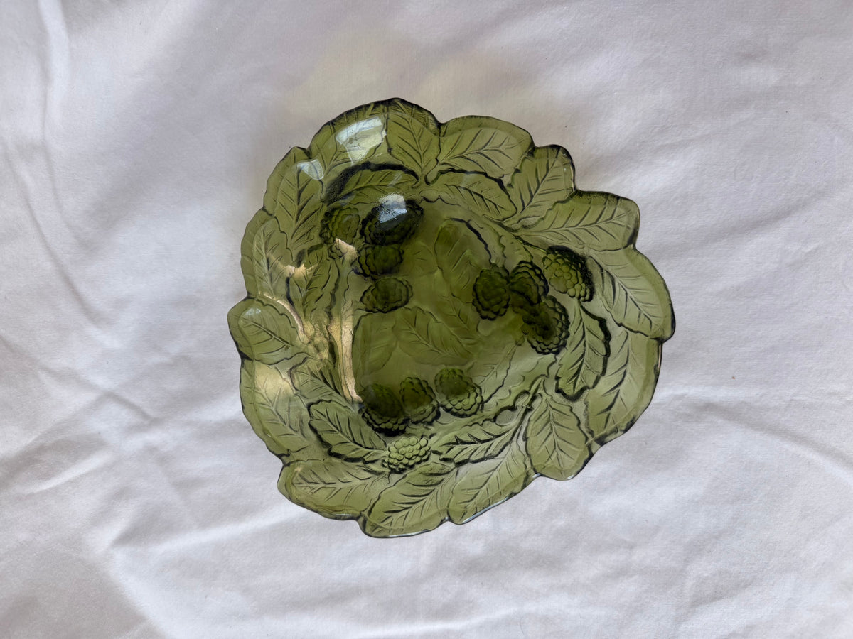 Olive green glass leaf and berry dish
