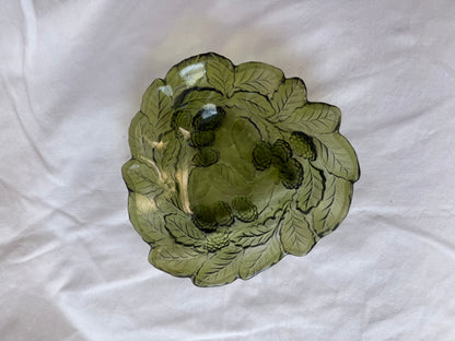 Olive green glass leaf and berry dish