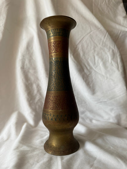 Tall etched brass vase with red and green enamel bands