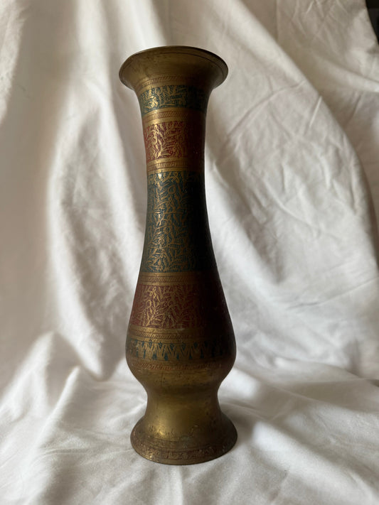 Tall etched brass vase with red and green enamel bands