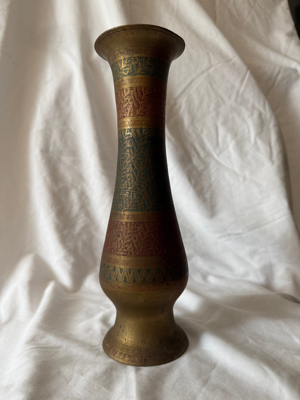Second view of the tall etched brass vase