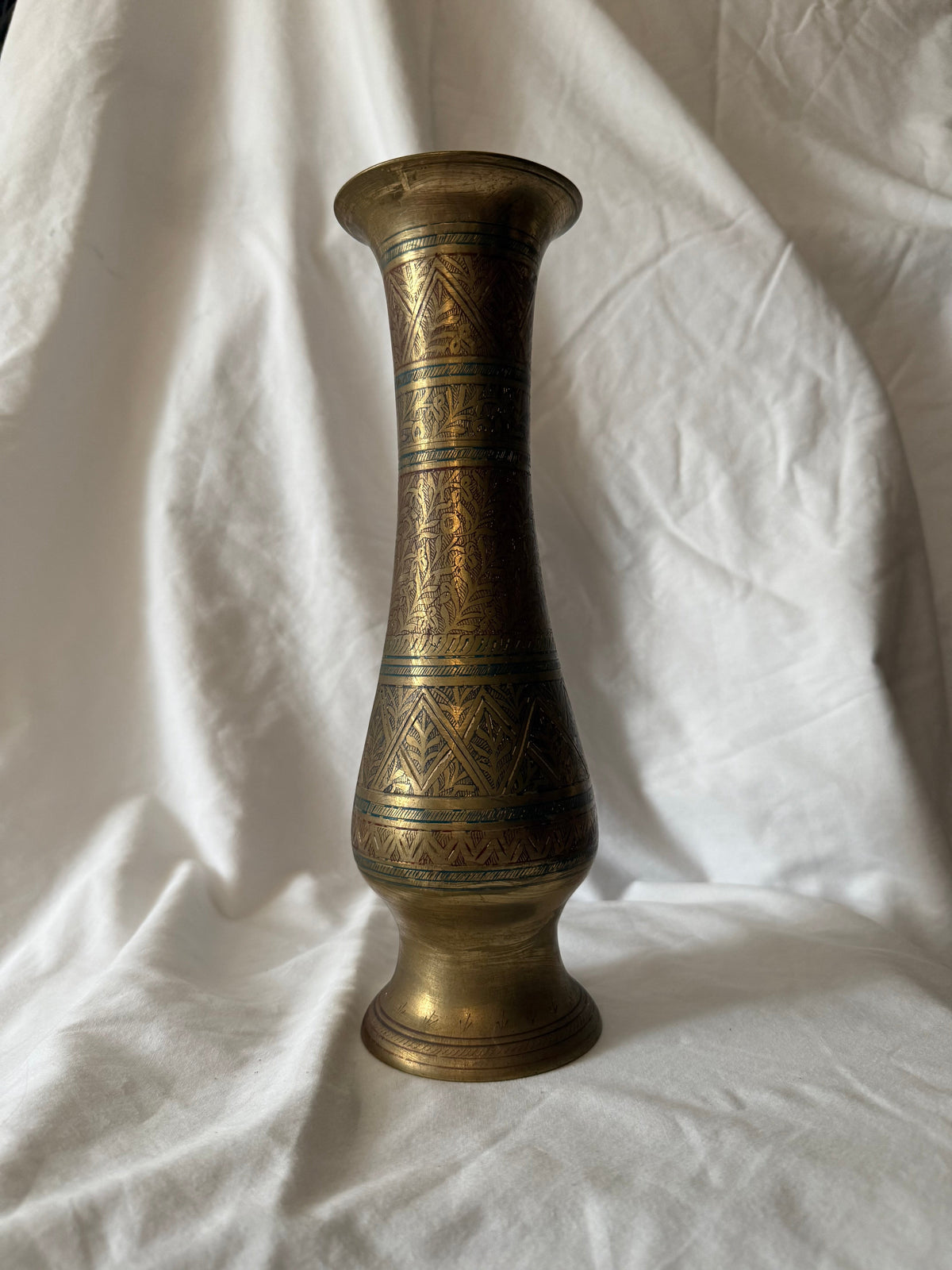 Etched brass vase with geometric and leaf bands