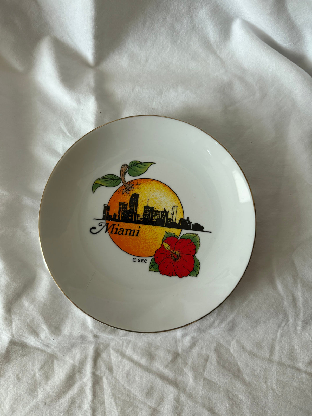 Miami souvenir plate with skyline, orange and red hibiscus