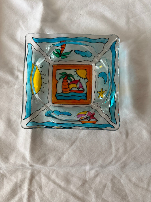 Square glass ashtray hand-painted with palm trees, sailboats and a sun