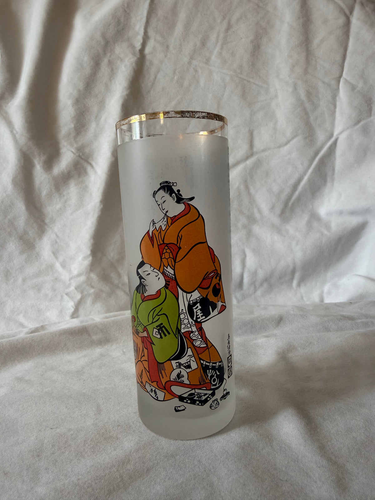 Expo '70 highball glass with woodblock-style figures