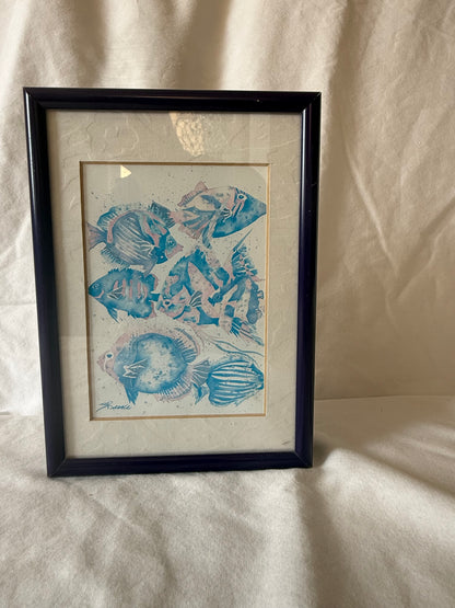 Framed fish print showing signature