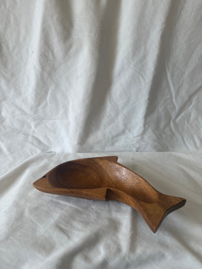 Carved wood fish tray, side view