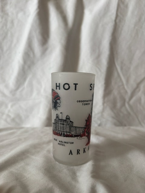 Hot Springs Arkansas frosted souvenir glass showing the New Arlington Hotel
