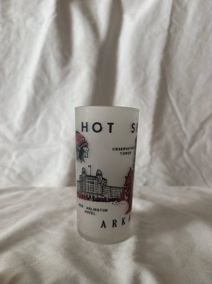Hot Springs Arkansas frosted souvenir glass showing the New Arlington Hotel