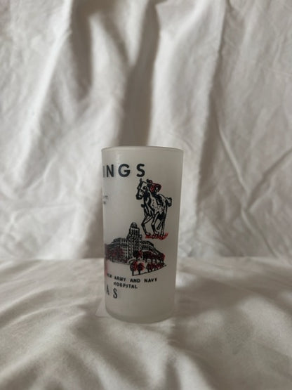 Hot Springs souvenir glass showing the Army and Navy Hospital and racehorse
