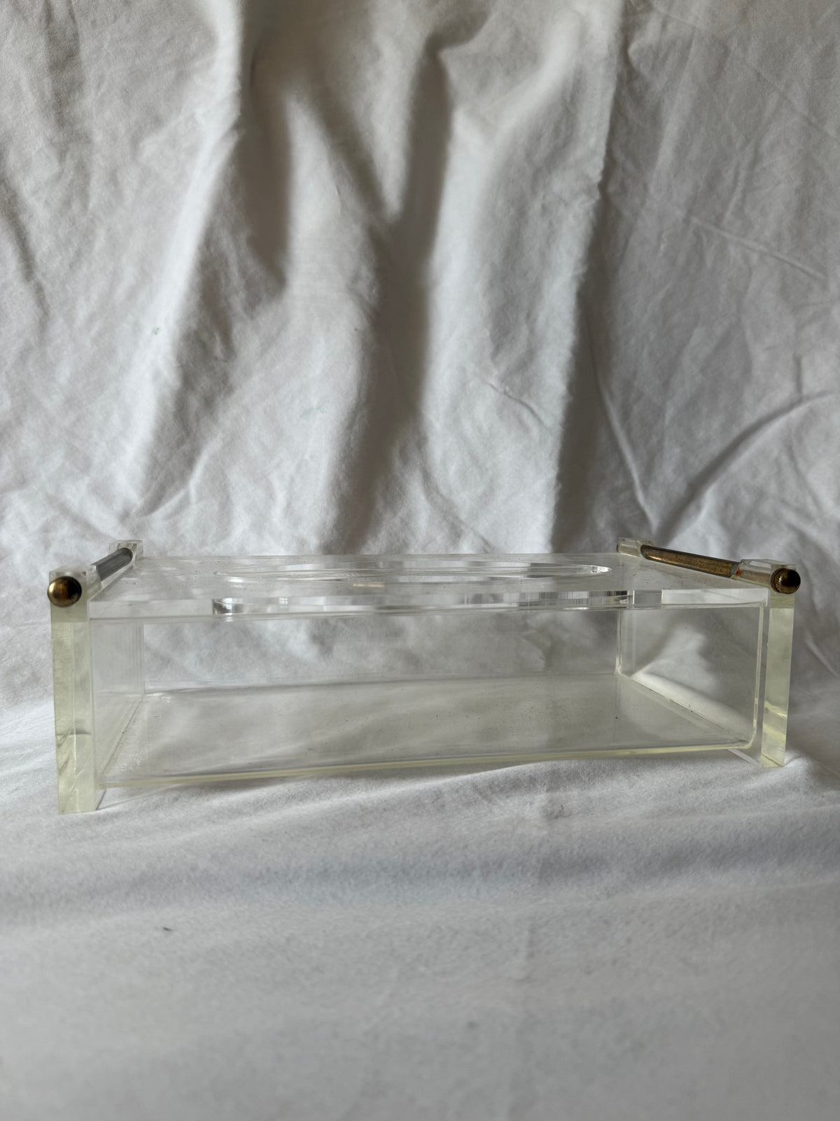 Lucite tissue box cover with brass handles