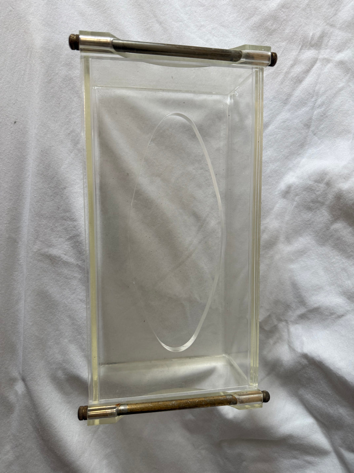 Lucite tissue box cover with brass handles, view 3