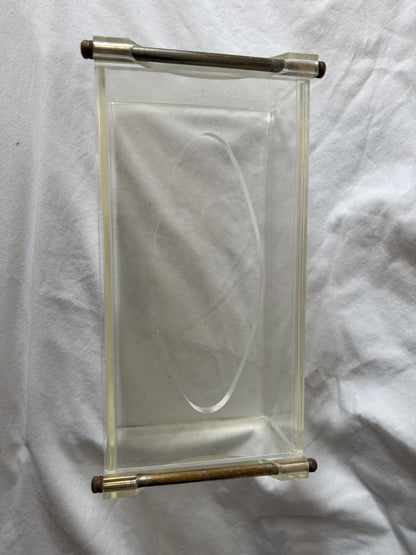 Lucite tissue box cover with brass handles, view 3