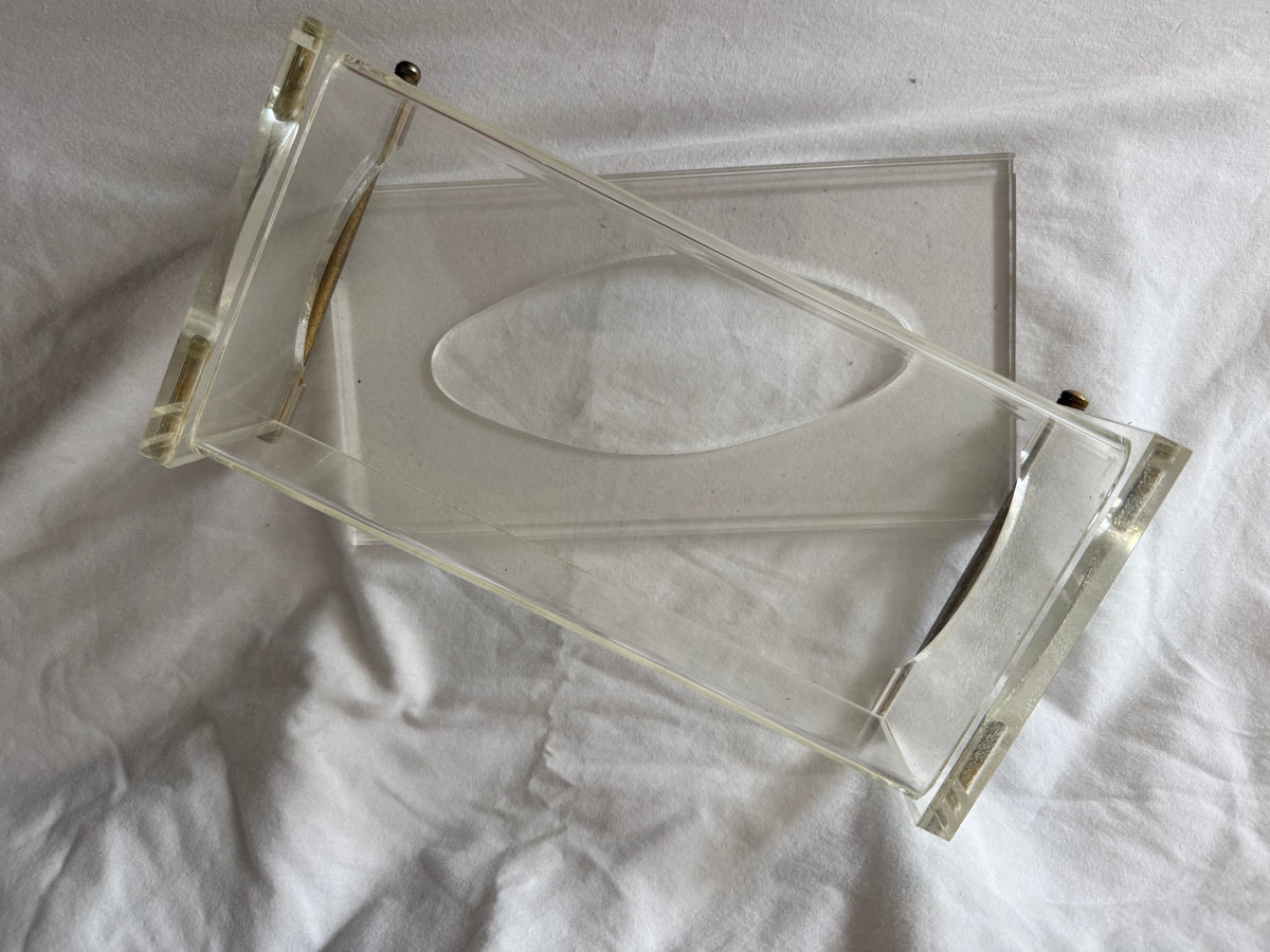 Lucite tissue box cover with brass handles, view 2