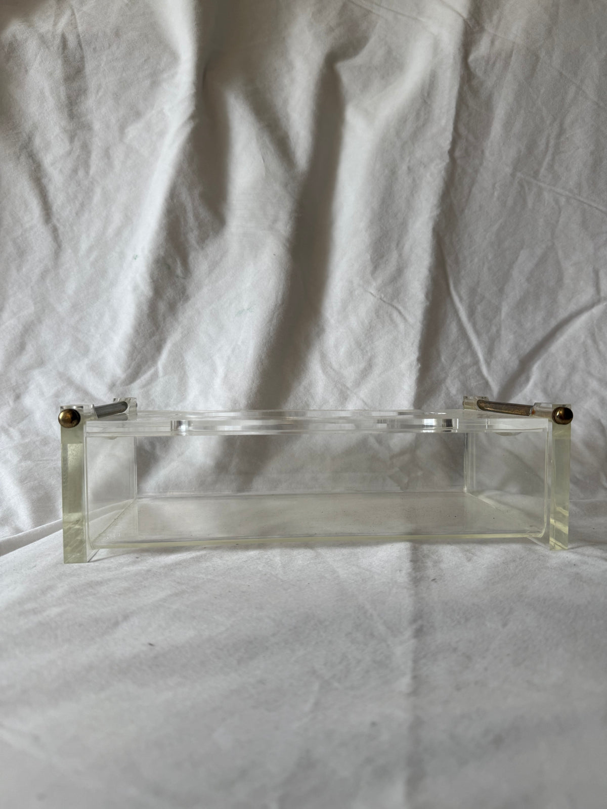 Lucite tissue box cover with brass handles, view 4