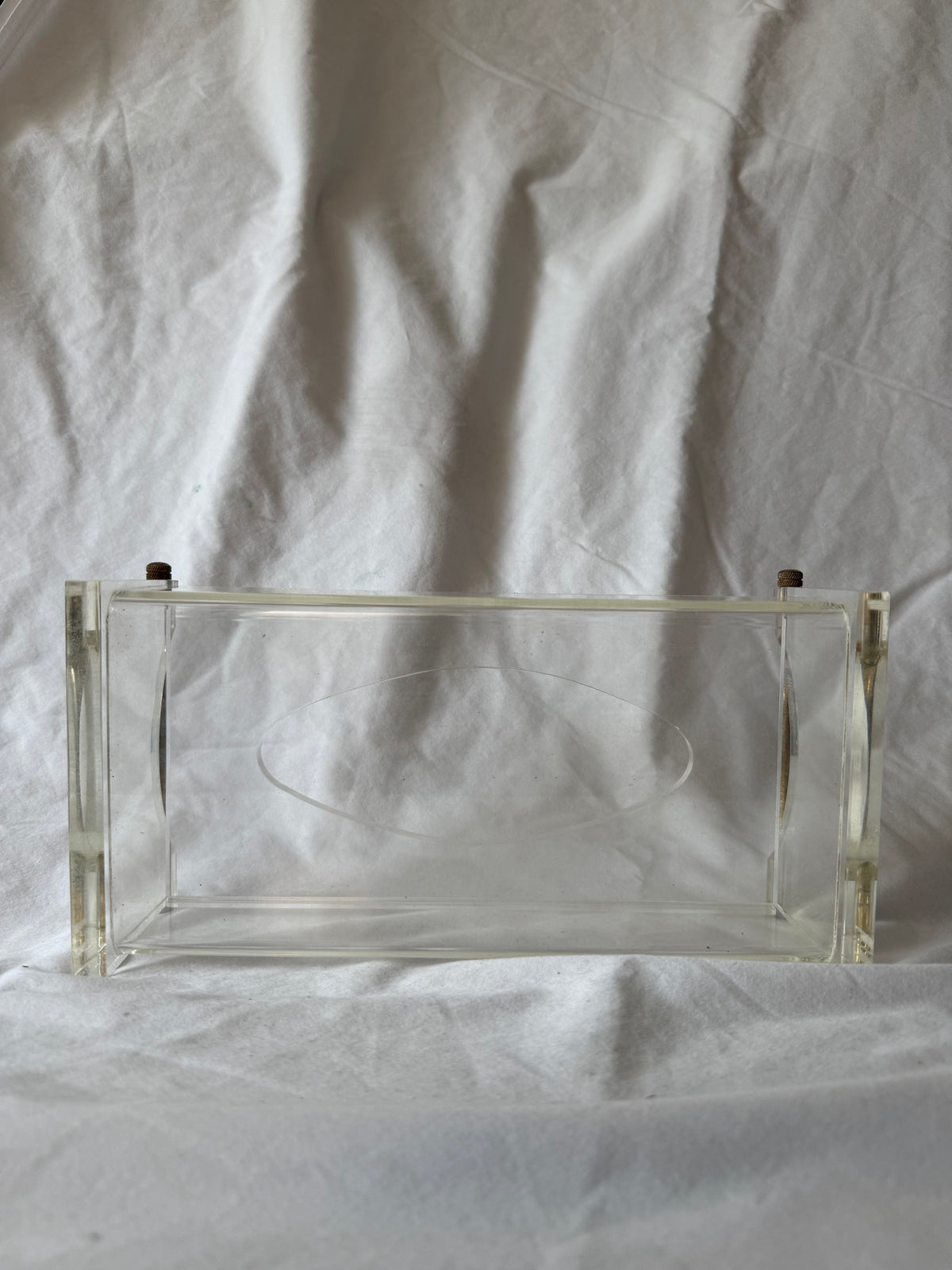 Lucite tissue box cover with brass handles, view 5