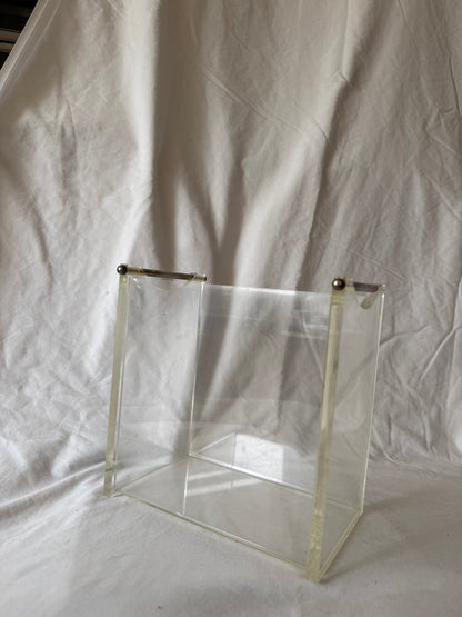 Lucite open holder with brass rod handles