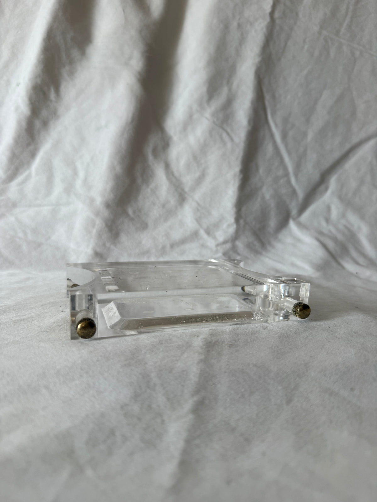 Lucite soap dish with brass rods, view 3