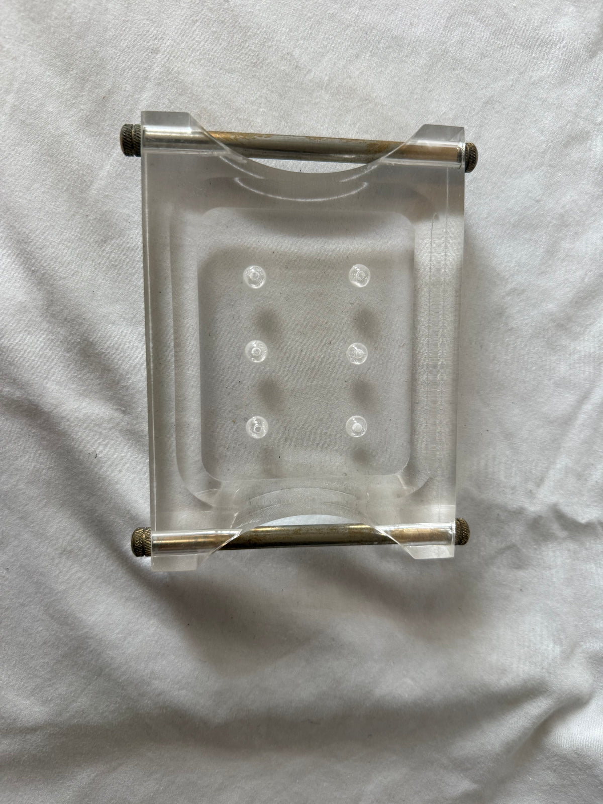 Lucite soap dish with brass rods, view 2