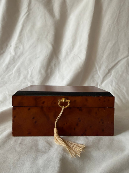 Burl wood box with tapestry lining